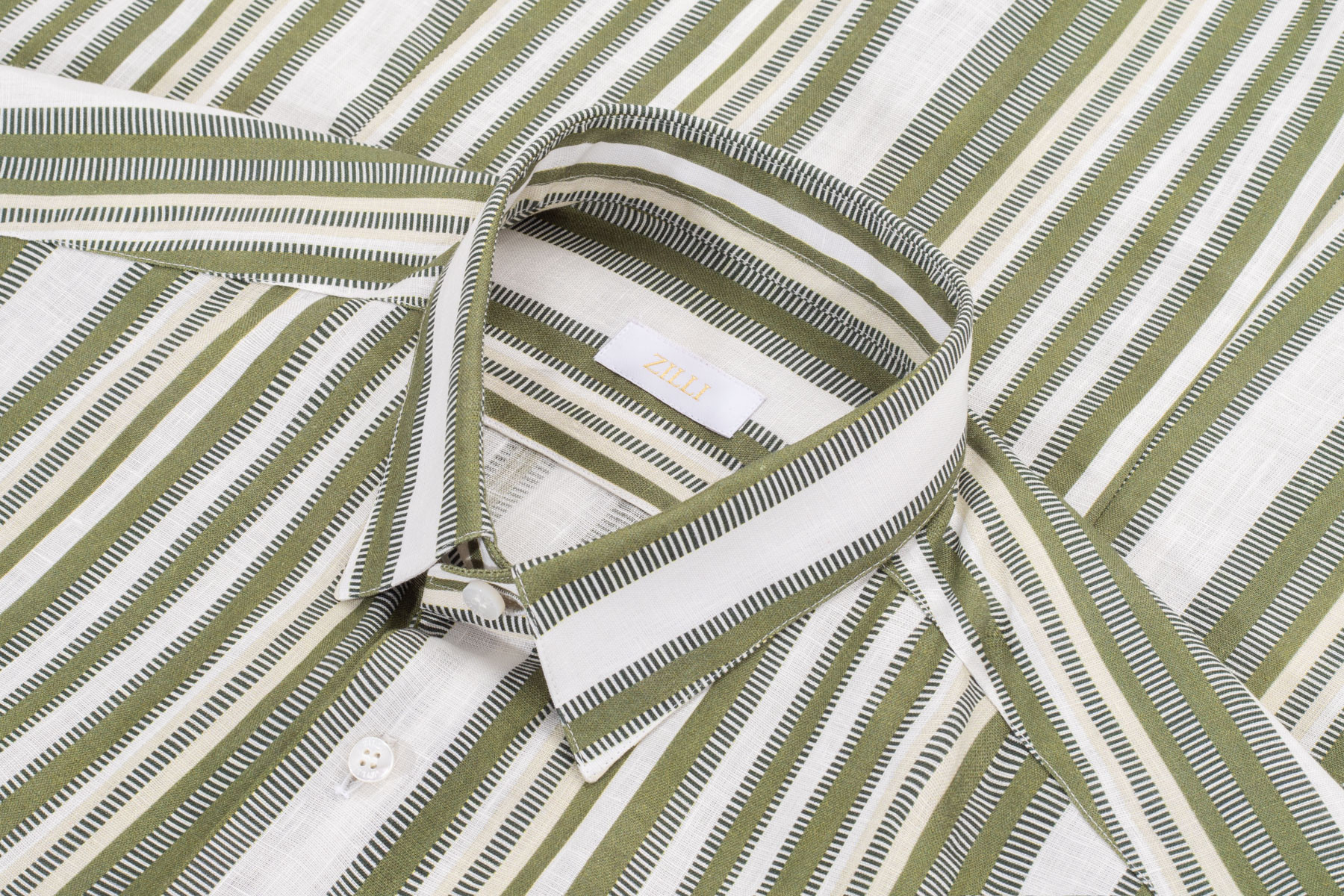 Khaki-green, white and beige striped shirt