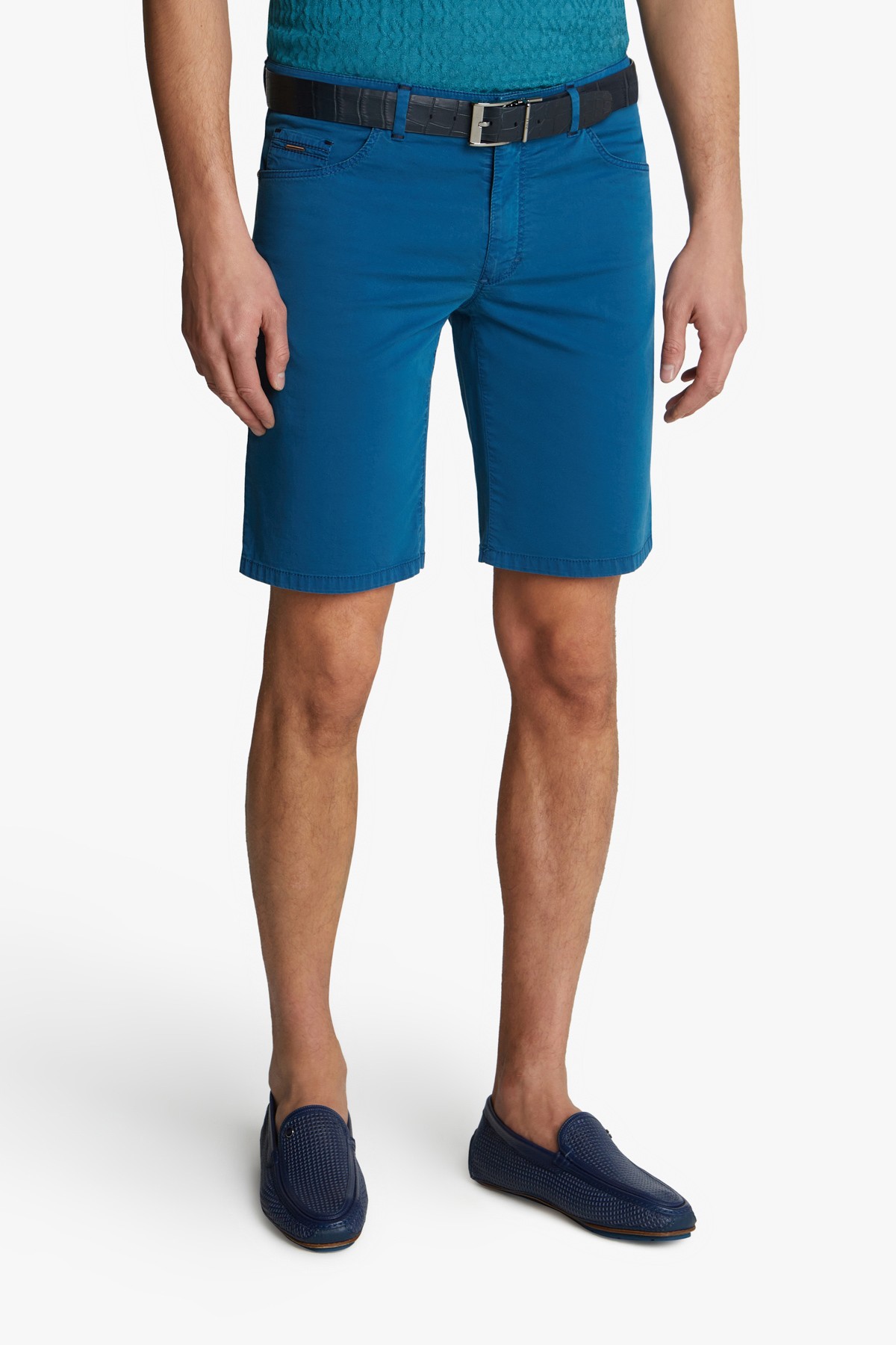Petrol-blue cotton and silk Bermuda shorts, slim fit