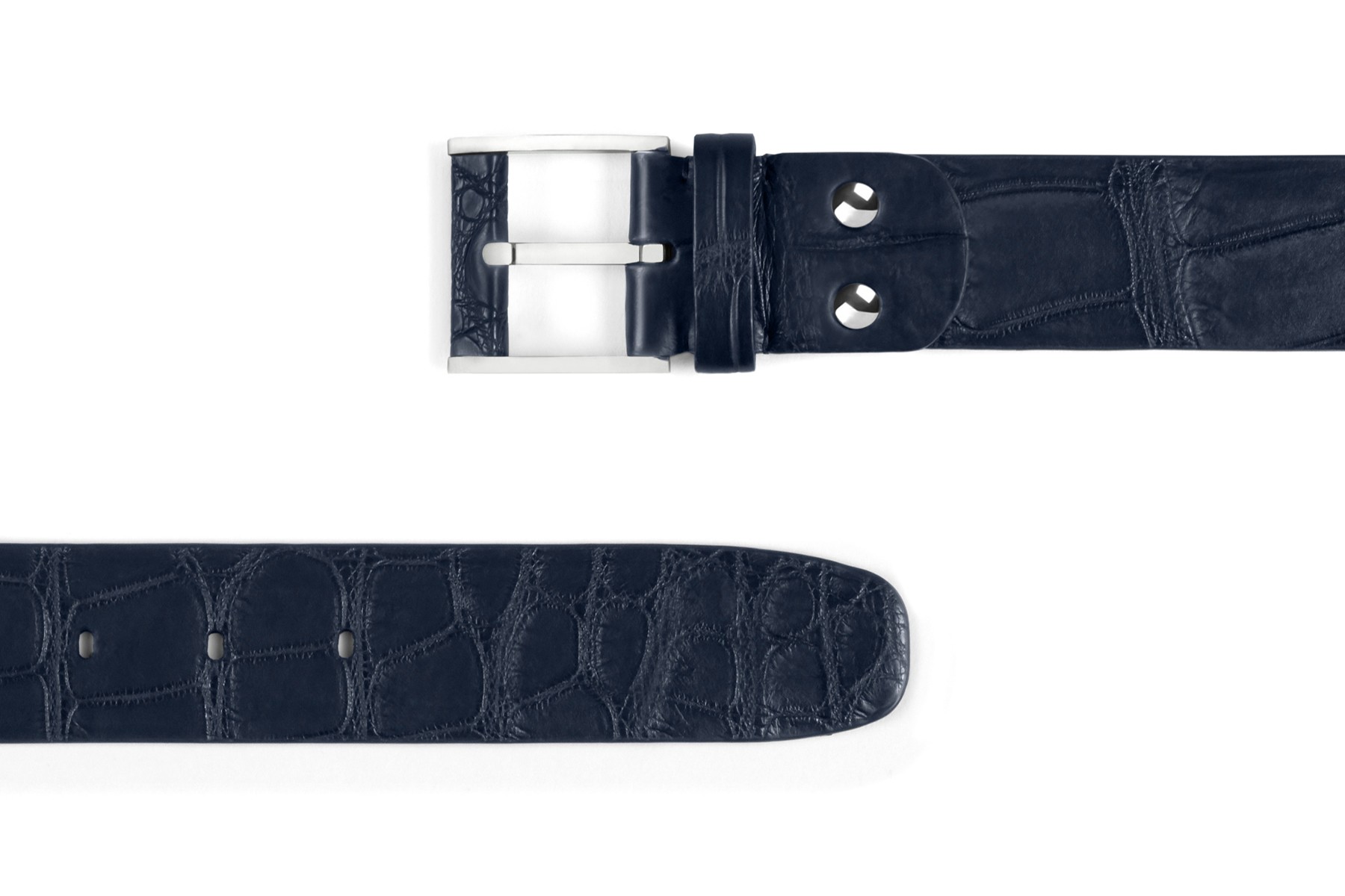 Navy UNIR belt in matt crocodile and grained calfskin, 126 buckle, width  40mm